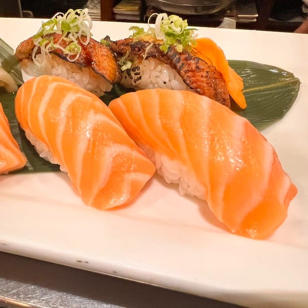 A plate of salmon nigiri and grilled eel nigiri, garnished with green onions and carrots.